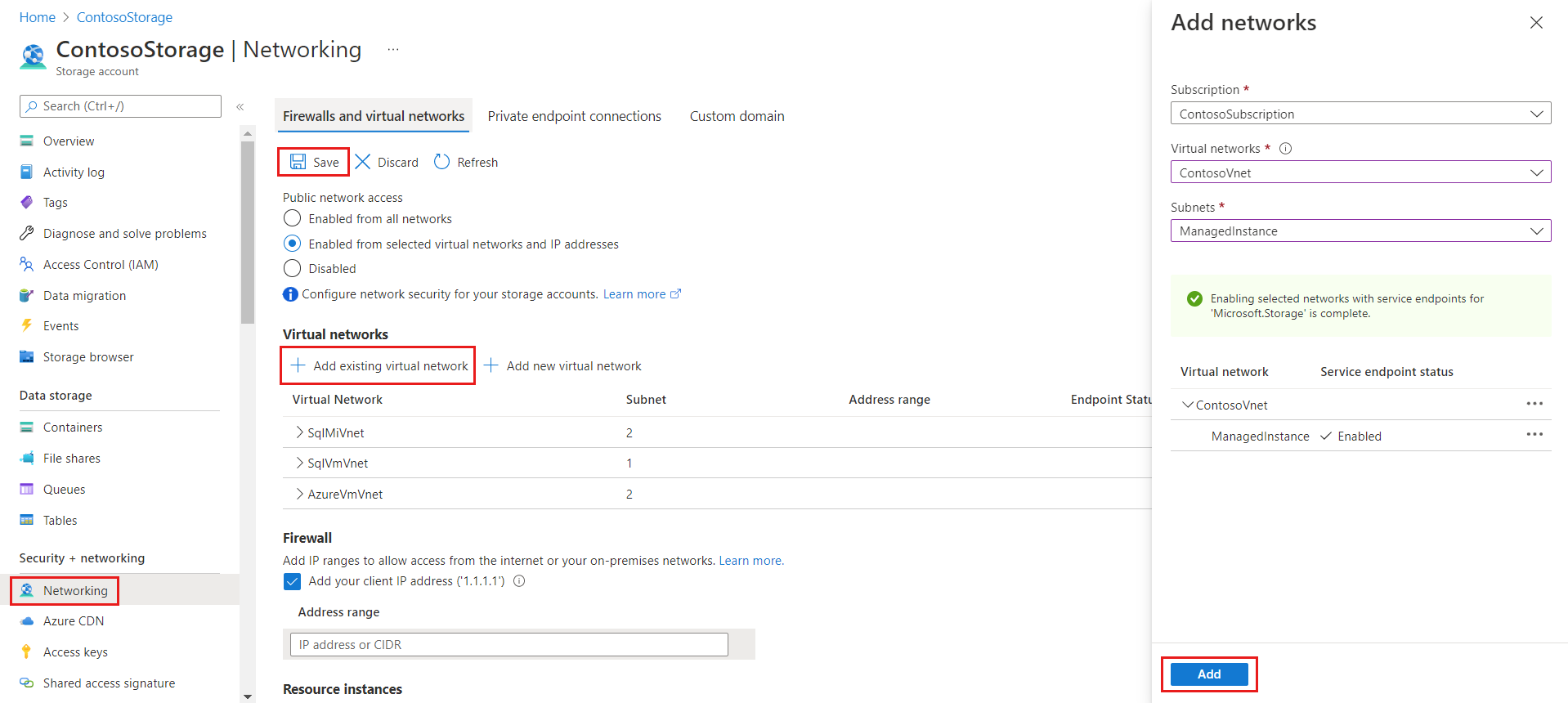 Screenshot that shows the storage account network firewall configuration.