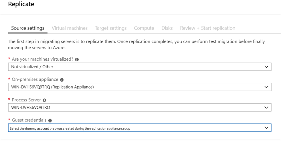 Screenshot of the Source settings tab in the Replicate screen with the Guest credentials field highlighted.