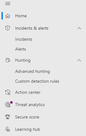 The Alerts and Actions quick launch bar in the Microsoft Defender portal