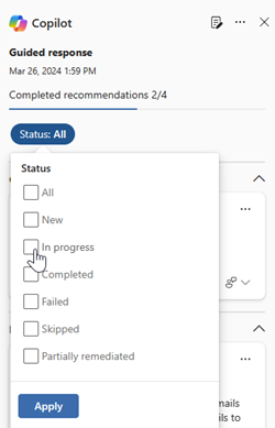 Screenshot that shows the status of responses in the Copilot pane in the Microsoft Defender incident page.