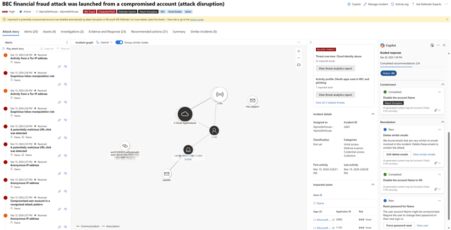 Screenshot that shows the Copilot pane with the guided responses in the Microsoft Defender incident page.