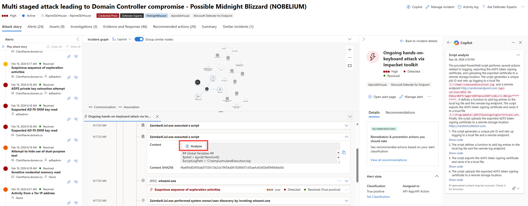 Screenshot that shows the script analysis button in the attack story view.