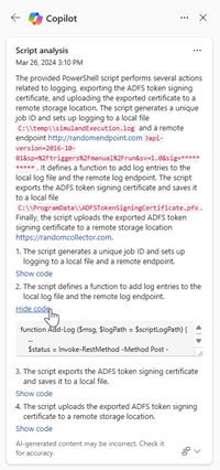 Screenshot that shows the Copilot pane with script analysis results in the Microsoft Defender XDR incident page.