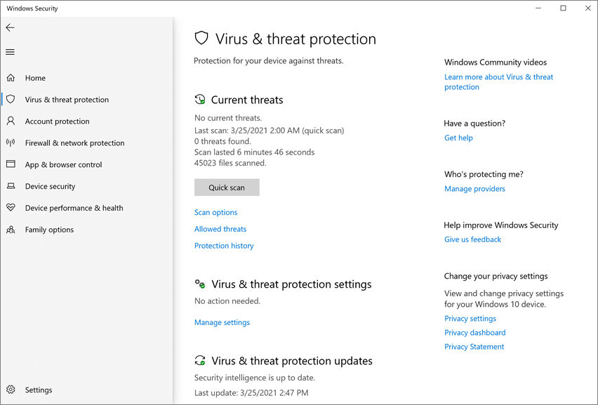 The Virus & threat protection settings label in the Windows Security app