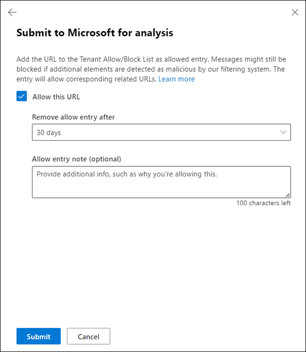 Choose whether to create a corresponding allow entry for the URL in the Tenant Allow/Block List.