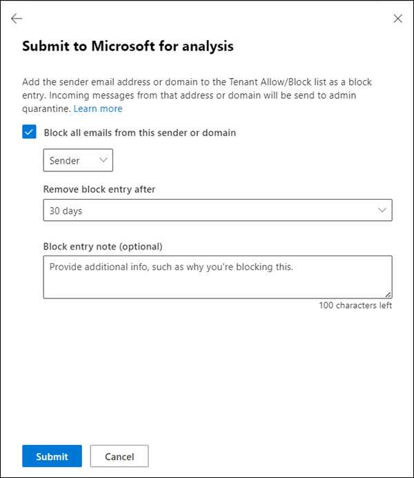 Choose whether to create a corresponding block entry for the sender domain or email address in the Tenant Allow/Block List.