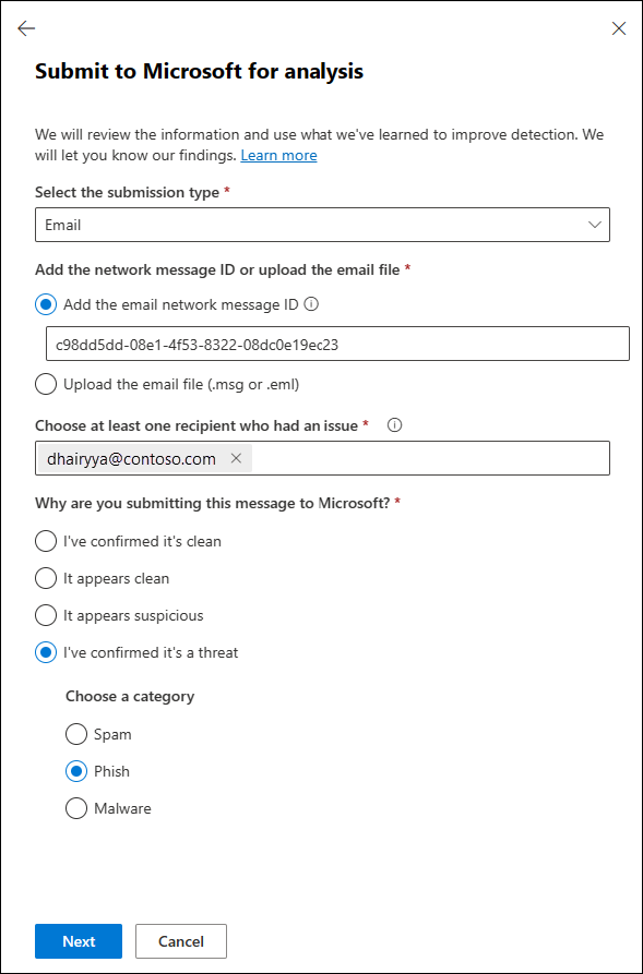 Submit a false negative (bad) email to Microsoft for analysis on the Submissions page in the Defender portal.