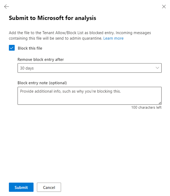 Choose whether to create a corresponding block entry for the file in the Tenant Allow/Block List.