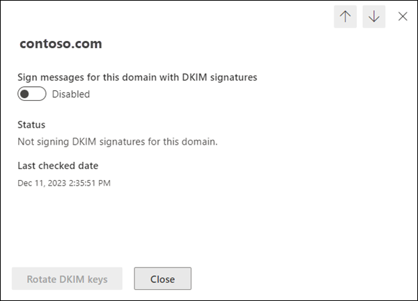 The domain details tab showing DKIM signing disabled and no DKIM signatures configured for the domain.