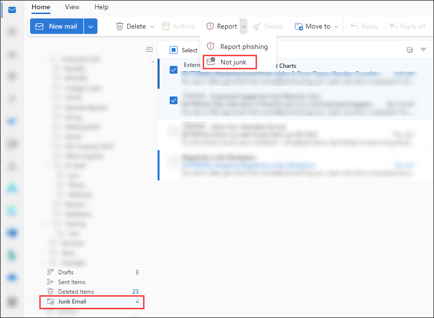 The results of selecting the Report button after selecting multiple messages in the Junk Email folder in Outlook on the web.