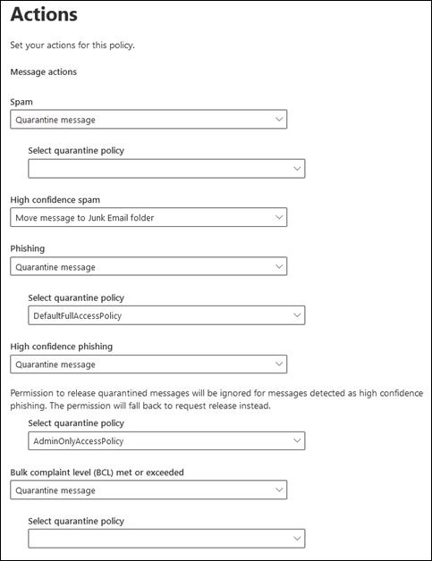 The Quarantine policy selections in an anti-spam policy