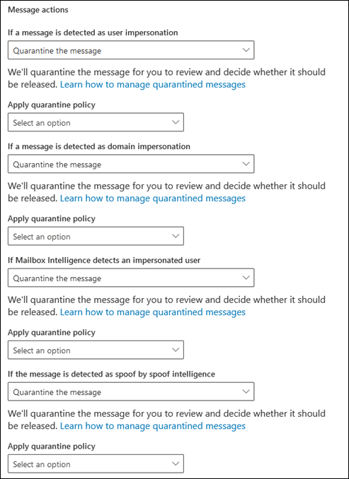 The Quarantine policy selections in an anti-phishing policy.