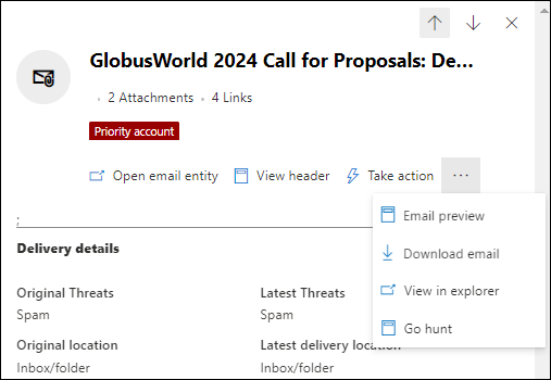 Screenshot of the actions available in the email details flyout after you select a Subject value in the Email tab of the details area in the All email view.