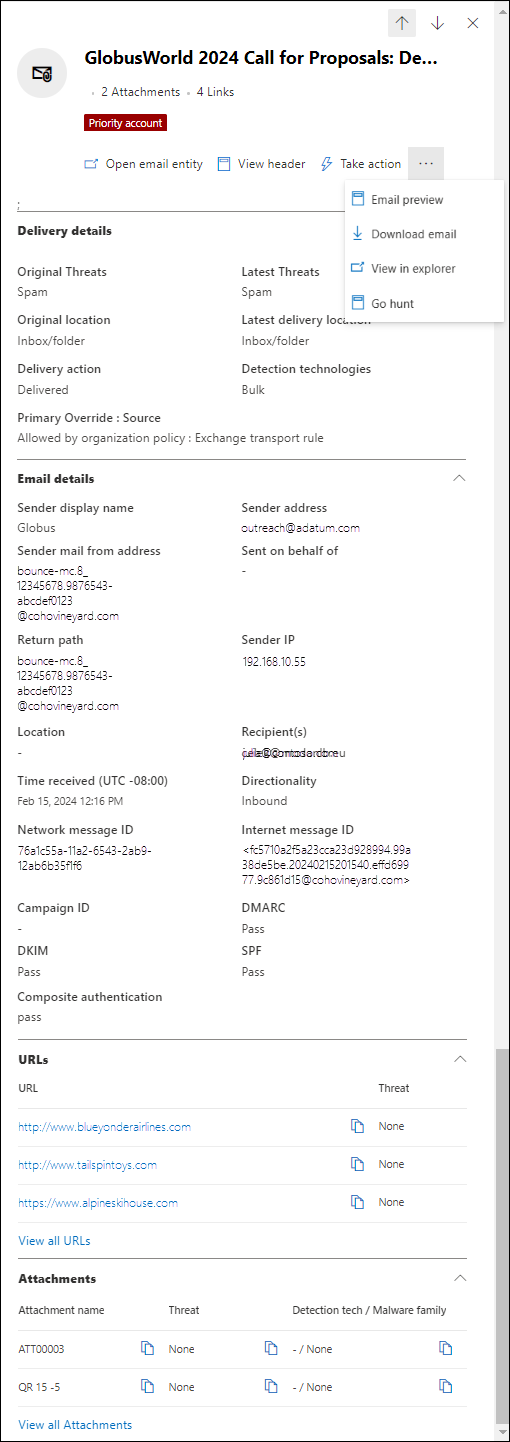 Screenshot of the email details flyout after you select a Subject value in the Email tab of the details area in the All email view.