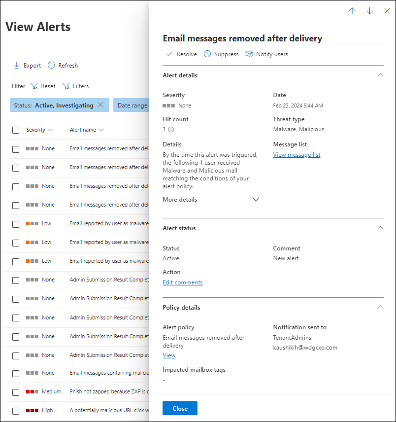 Screenshot of the alert details flyout on the View alerts page after you select an Alert ID from the email details flyout of an entry in the Email tab from the All email, Malware, or Phish views in Threat Explorer or Real-time detections.