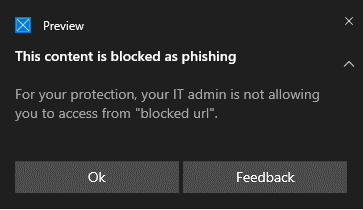 Shows a network protection known phishing content blocked notification.