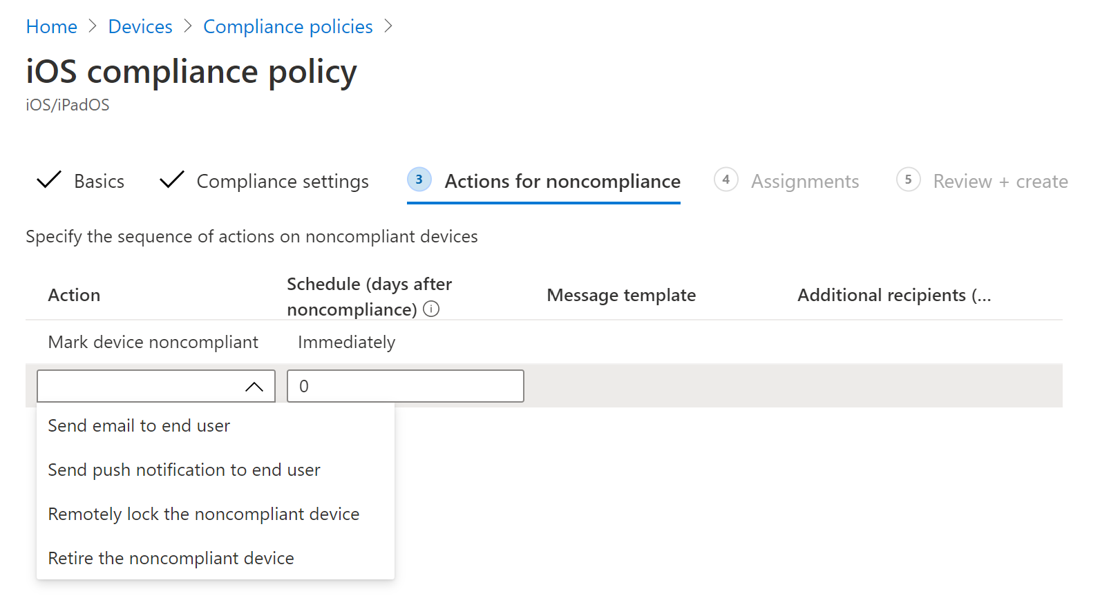 The Actions for noncompliance tab