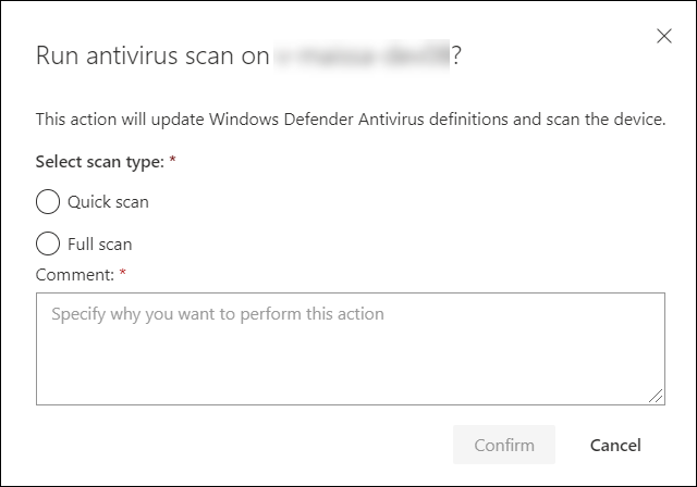 The notification to select quick scan or full scan and add comment