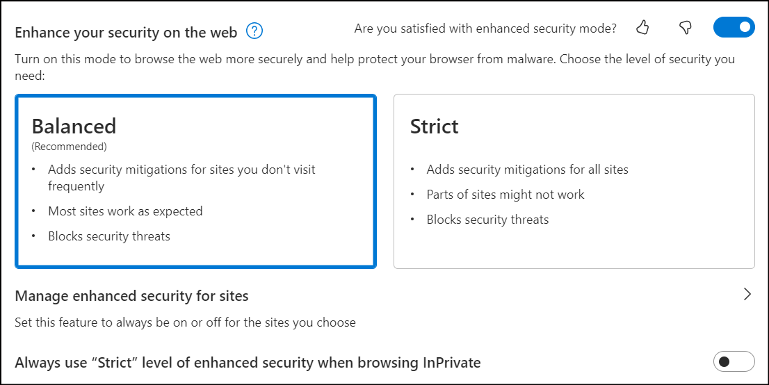 Dialog to configure balanced security on the web.