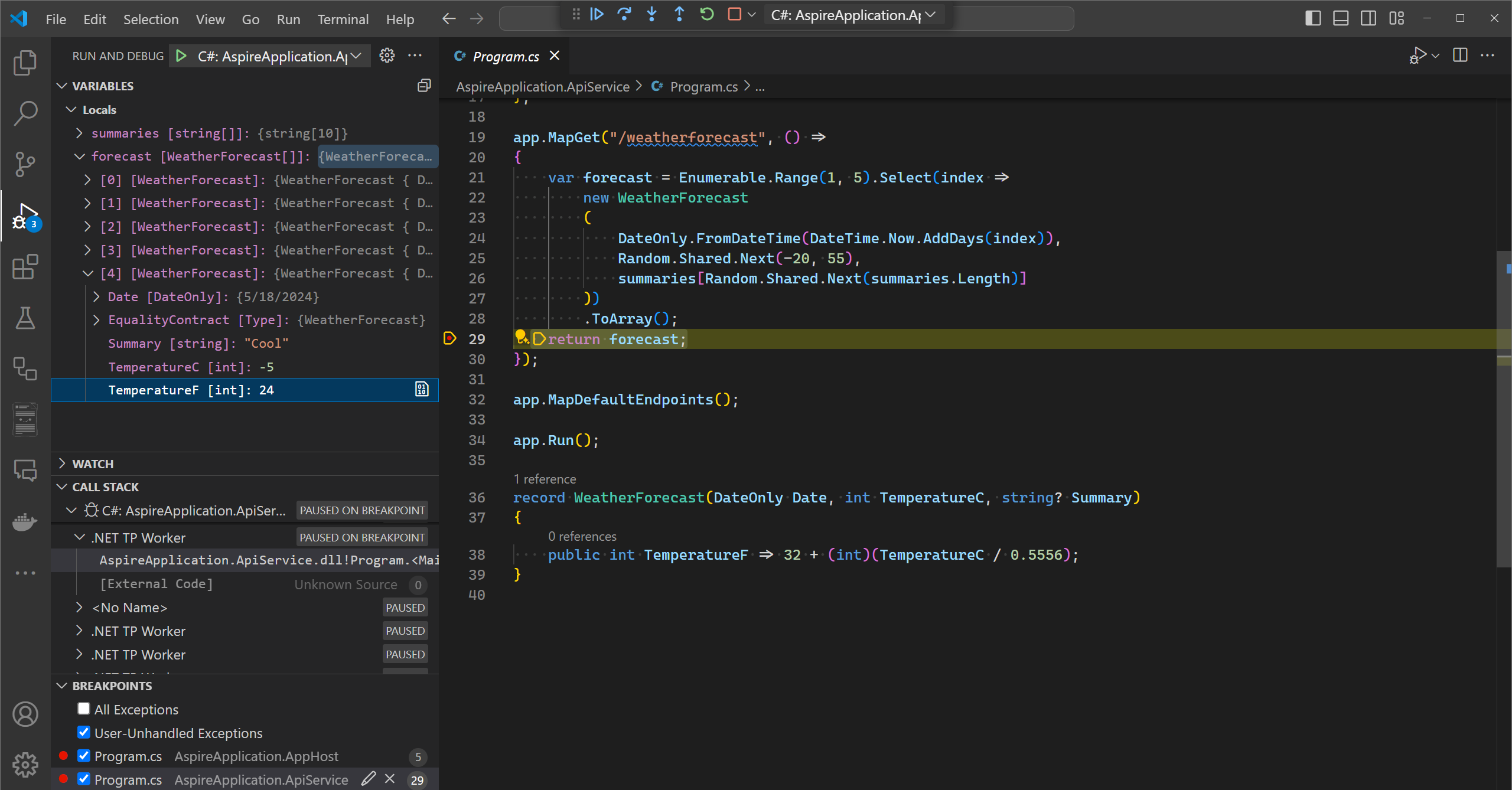 A screenshot showing how to debug a .NET Aspire project in Visual Studio Code.