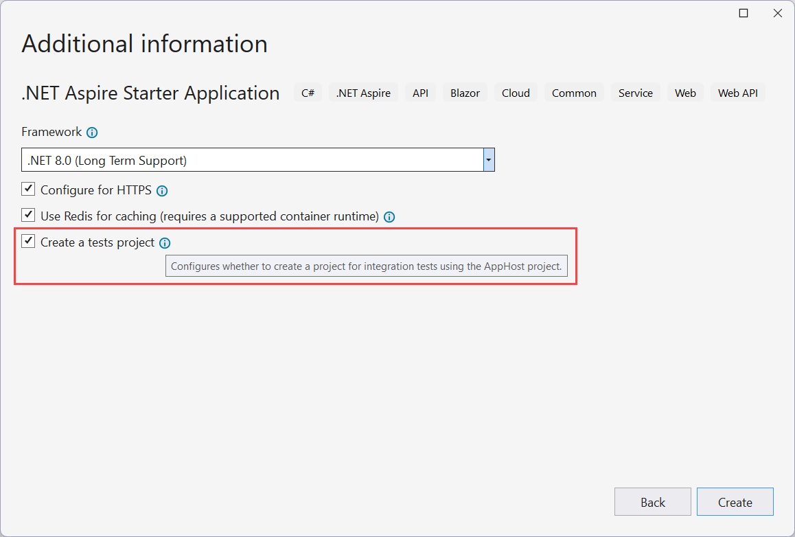 A screenshot of Visual Studio displaying the option to create a test project.