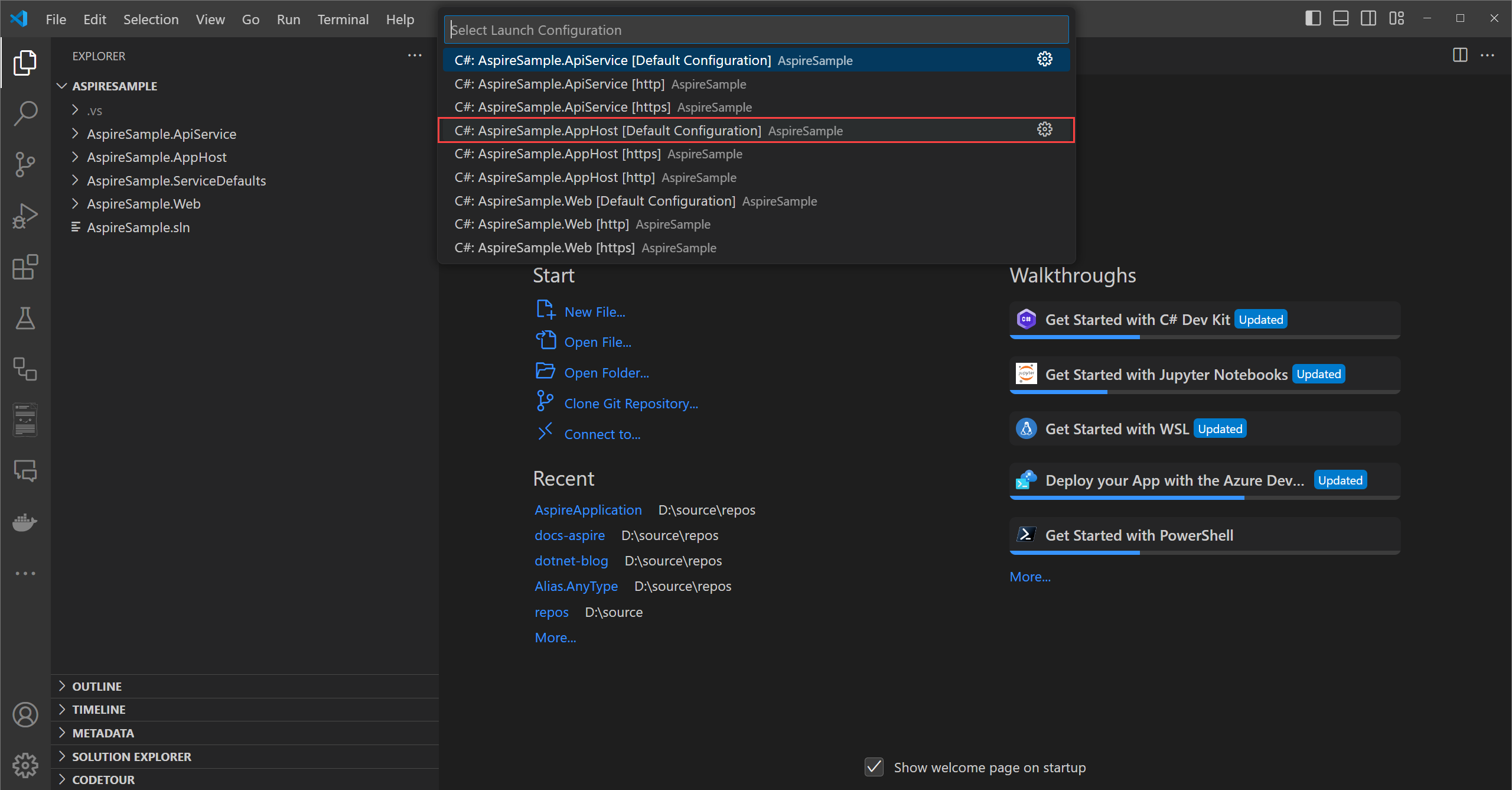 A screenshot of the Visual Studio Code run configuration for the AspireSample.AppHost project.