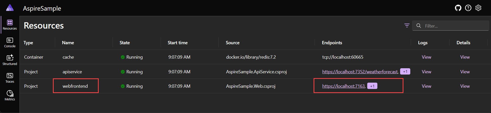 A screenshot of the .NET Aspire Dashboard, highlighting the webfrontend project's localhost endpoint.