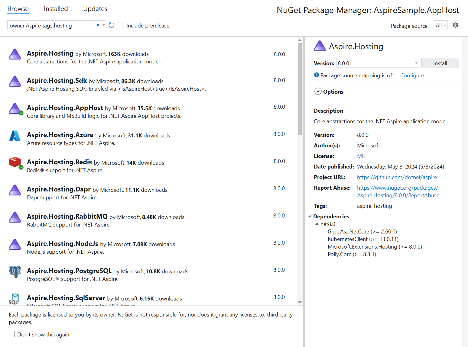 The Visual Studio context menu displaying the Add .NET Aspire resource options.