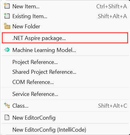 The Visual Studio context menu displaying the Add .NET Aspire Hosting Resource option.