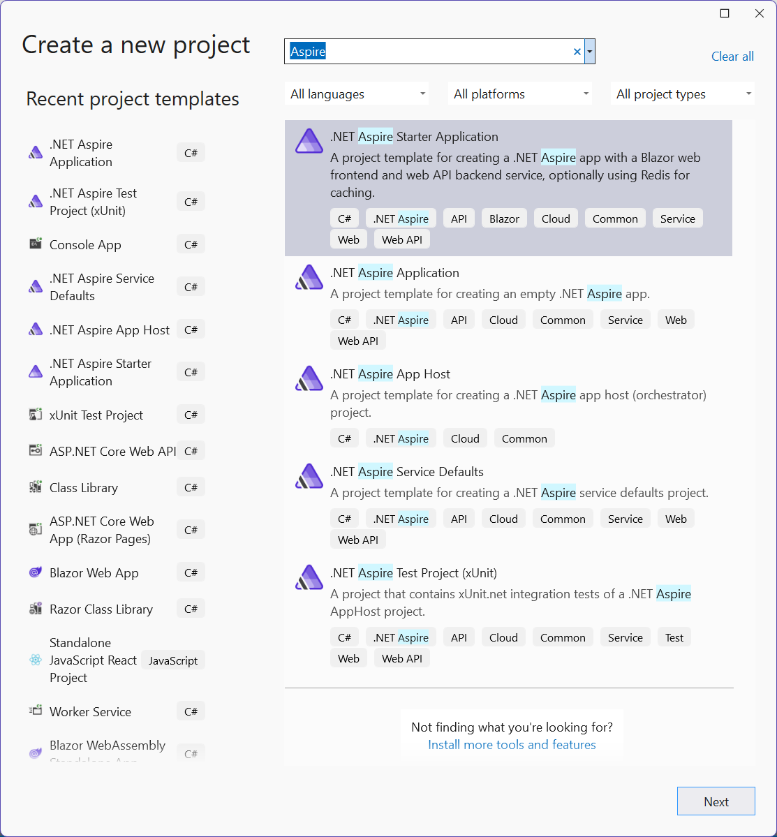 The .NET Aspire project templates in Visual Studio.