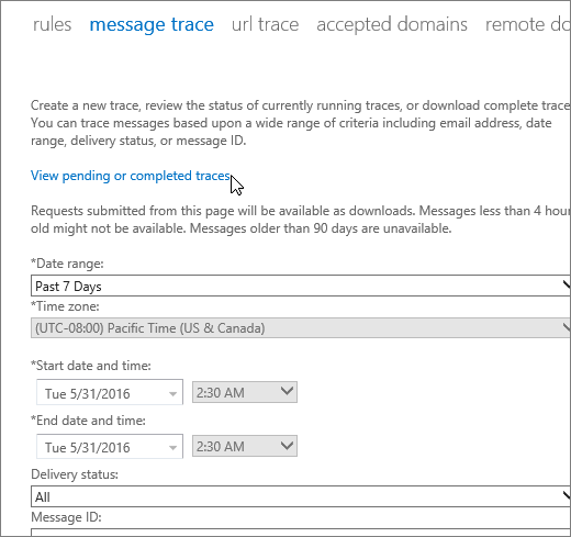 Screenshot of the message trace tool that has a cursor hovering over the View pending or completed traces link.