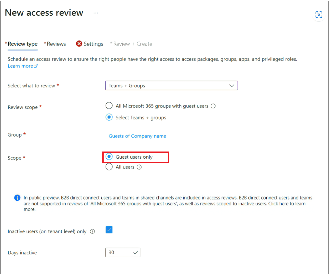 Screenshot of limiting the scope of the review to guest users only.