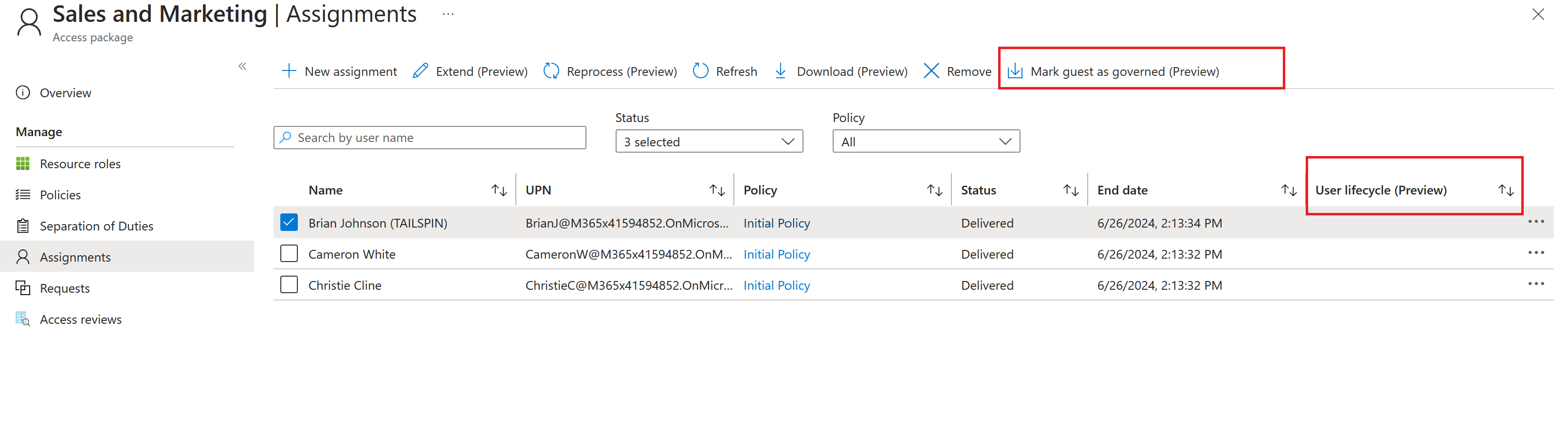 Screenshot of the governed user lifecycle selection.