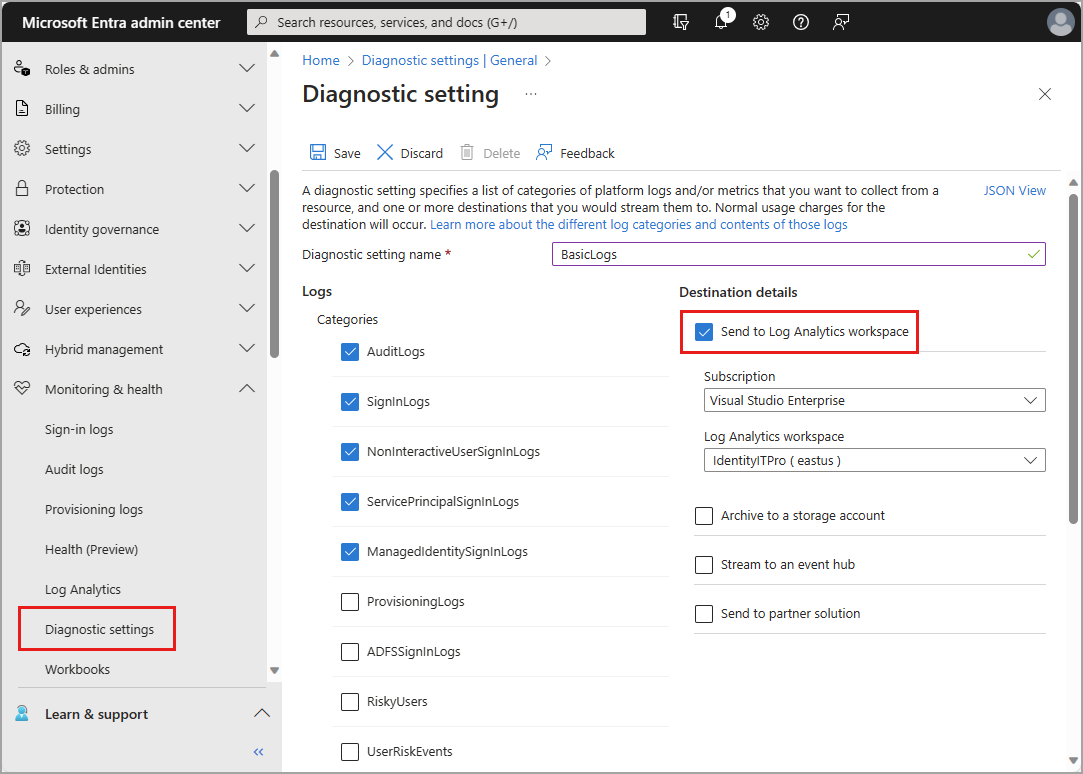 Screenshot of the diagnostics settings with some destination details shown.