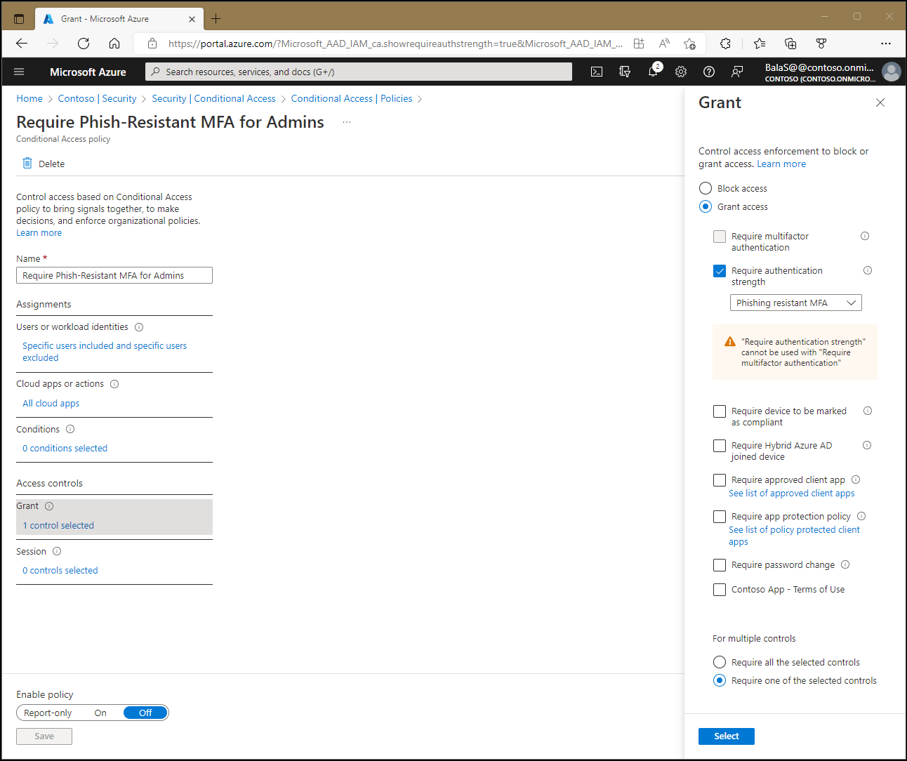 Screenshot of a Conditional Access policy with a grant control that requires multifactor authentication.