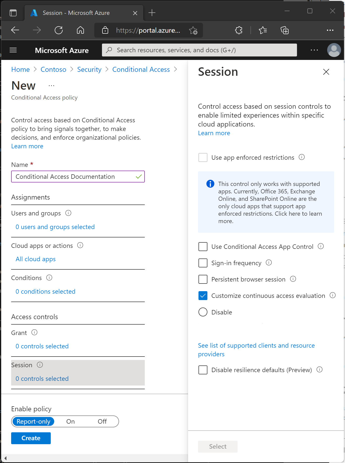 A screenshot showing CAE Settings in a new Conditional Access policy.