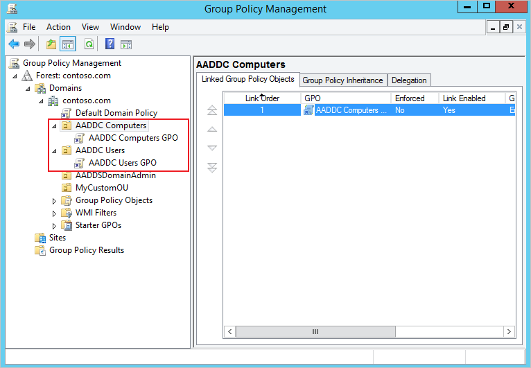 Built-in GPOs applied to the default 'AADDC Computers' and 'AADDC Users' containers