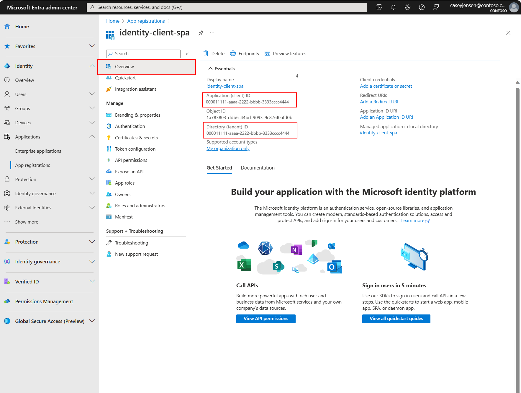 Screenshot that shows the identifier values on the overview page on the Microsoft Entra admin center.