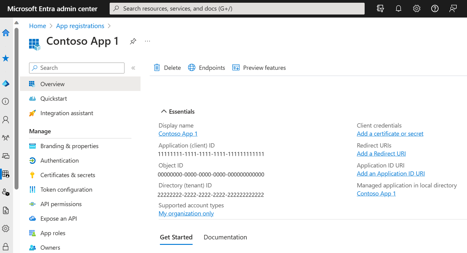 Screenshot of the Microsoft Entra admin center in a web browser, showing an app registration's Overview pane.