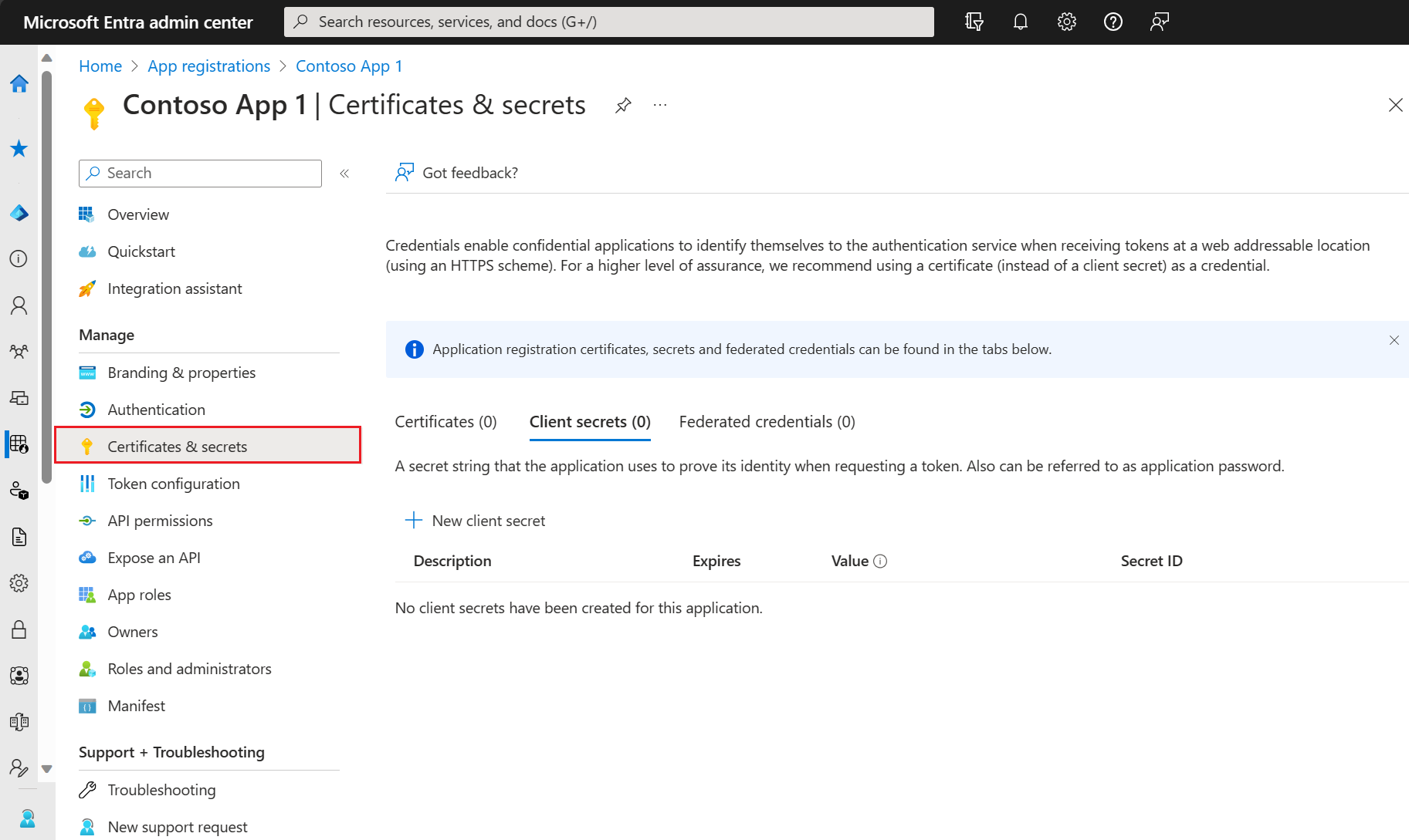 Screenshot of the Microsoft Entra admin center, showing the Certificates and secrets pane in an app registration.