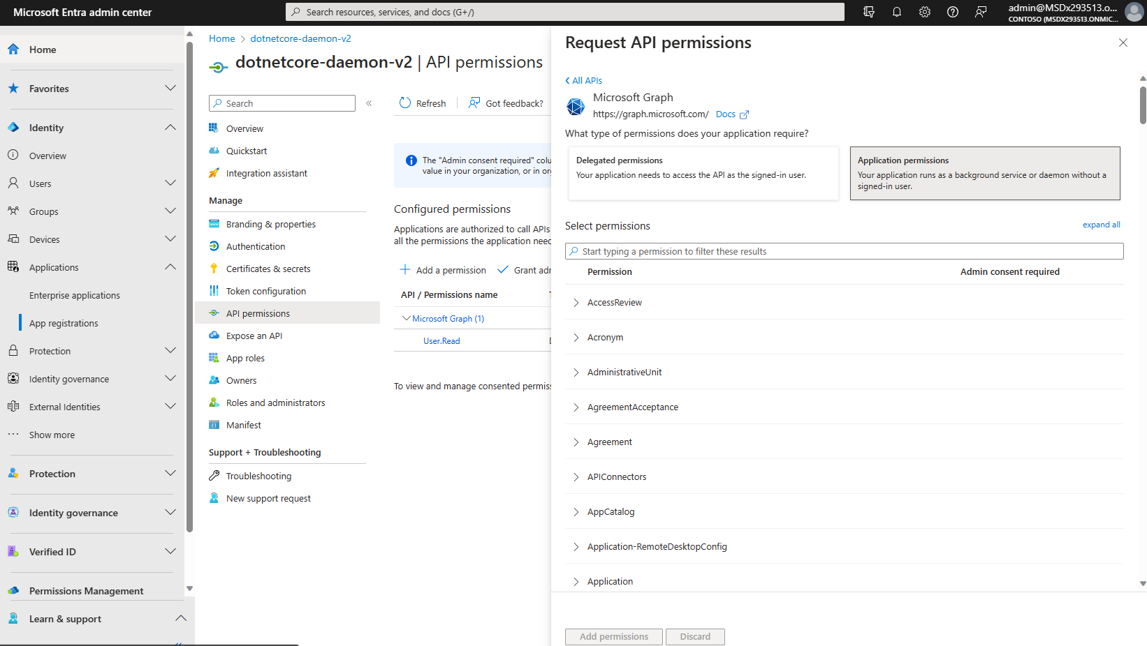 Screenshot of app permissions and admin consent.