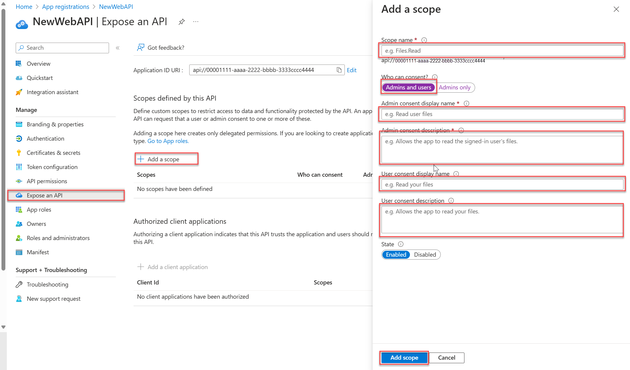 Screenshot that shows the field values when adding the scope to an API.