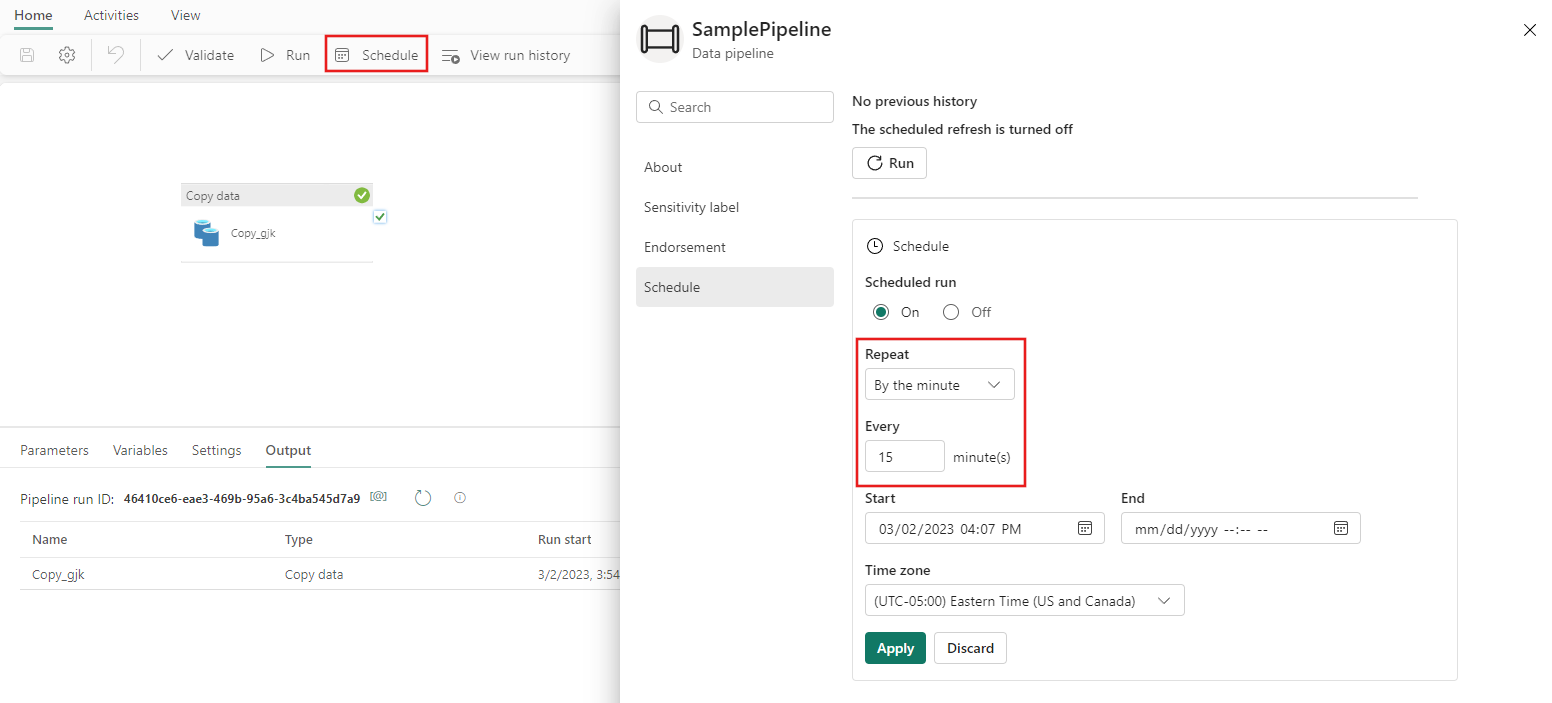 Screenshot showing the schedule dialog for the pipeline with a 15-minute recurring schedule.