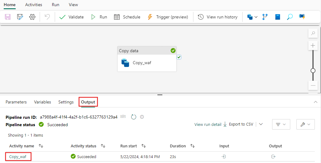 Screenshot showing the Output tab of the pipeline run in-progress with the Details button highlighted in the run status.