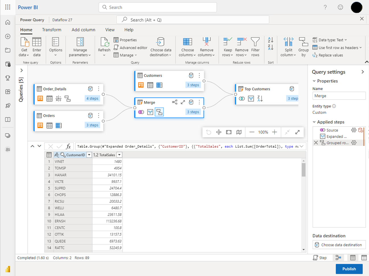Screenshot of the Power BI user interface showing the dataflow experience.