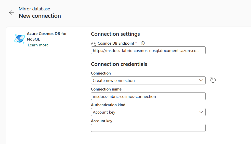 Screenshot of the new connection dialog with credentials for an Azure Cosmos DB for NoSQL account.