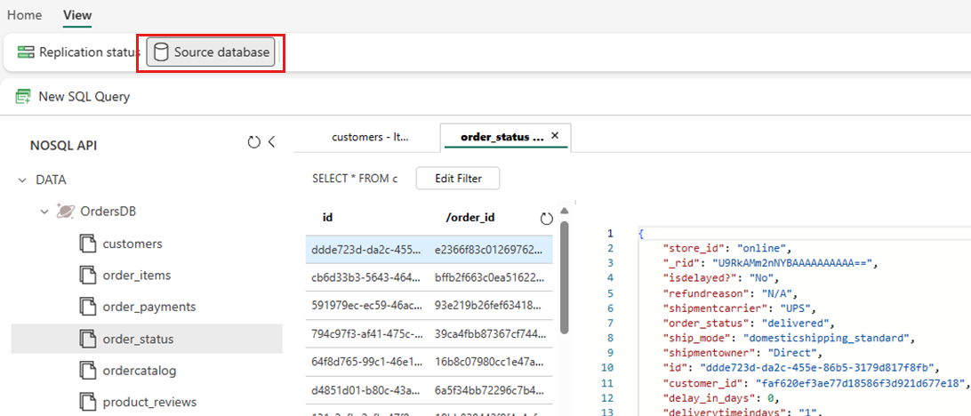 Screenshot of the data explorer with a read-only view of NoSQL data in the Azure Cosmos DB account.