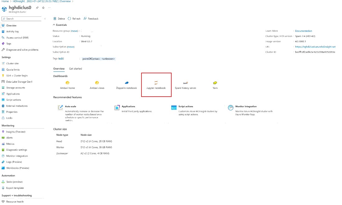 Screenshot showing where to find your cluster and notebook in the Azure portal.