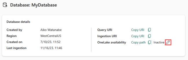 Screenshot of the Database details pane in Real-Time Intelligence showing an overview of the database with the edit OneLake availability option highlighted.