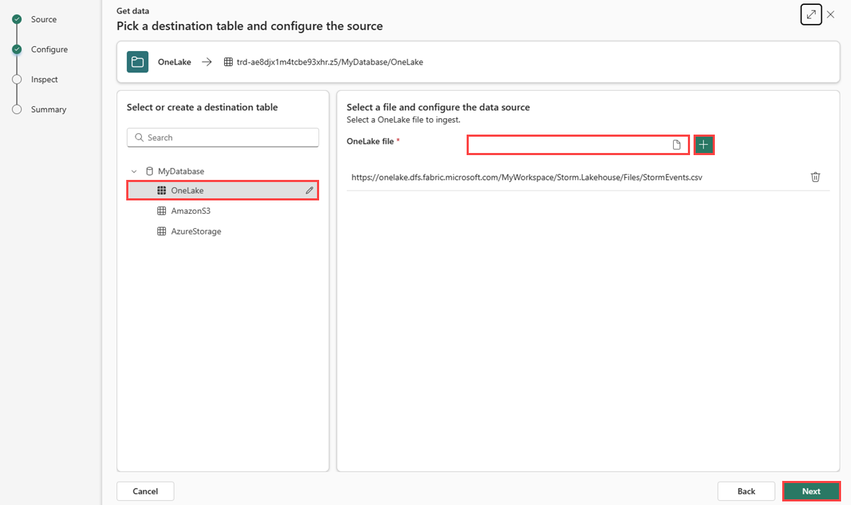 Screenshot of configure tab with new table entered and a OneLake file path added.